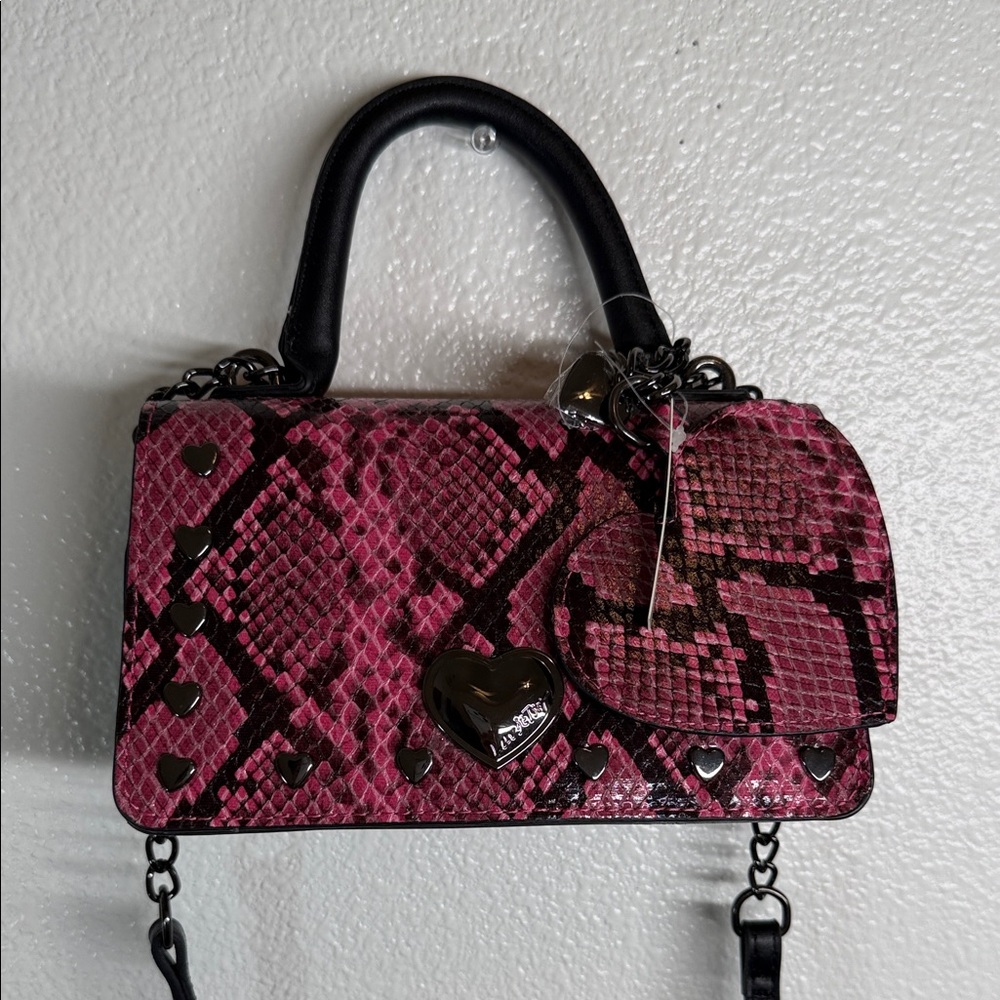Betsey Johnson Pink and Black Snake Print Mini Bag NEW with tag